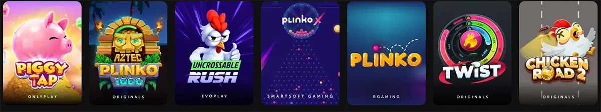 Game carousel showing colourful thumbnails for Piggy Tap, Aztec Plinko 1000, Uncrossable Rush, PlinkoX, Plinko, Twist, and Chicken Road 2 on a dark background.