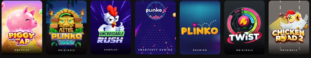 Game carousel showing colourful thumbnails for Piggy Tap, Aztec Plinko 1000, Uncrossable Rush, PlinkoX, Plinko, Twist, and Chicken Road 2 on a dark background.