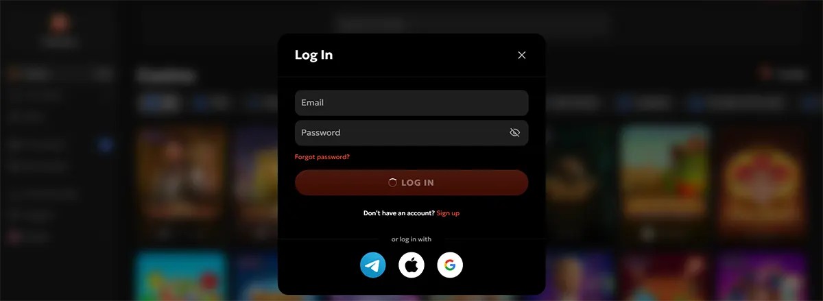 Dark casino login modal with email and password fields, a “Forgot password?” link, a red “Log In” button, a sign-up link, and Telegram/Apple/Google login icons over a blurred game lobby background.