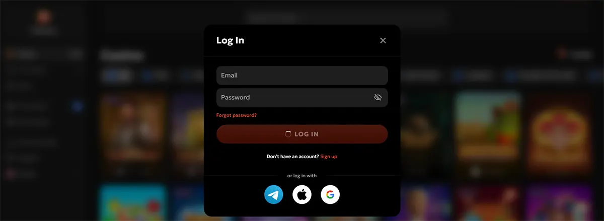 Dark casino login modal with email and password fields, a “Forgot password?” link, a red “Log In” button, a sign-up link, and Telegram/Apple/Google login icons over a blurred game lobby background.